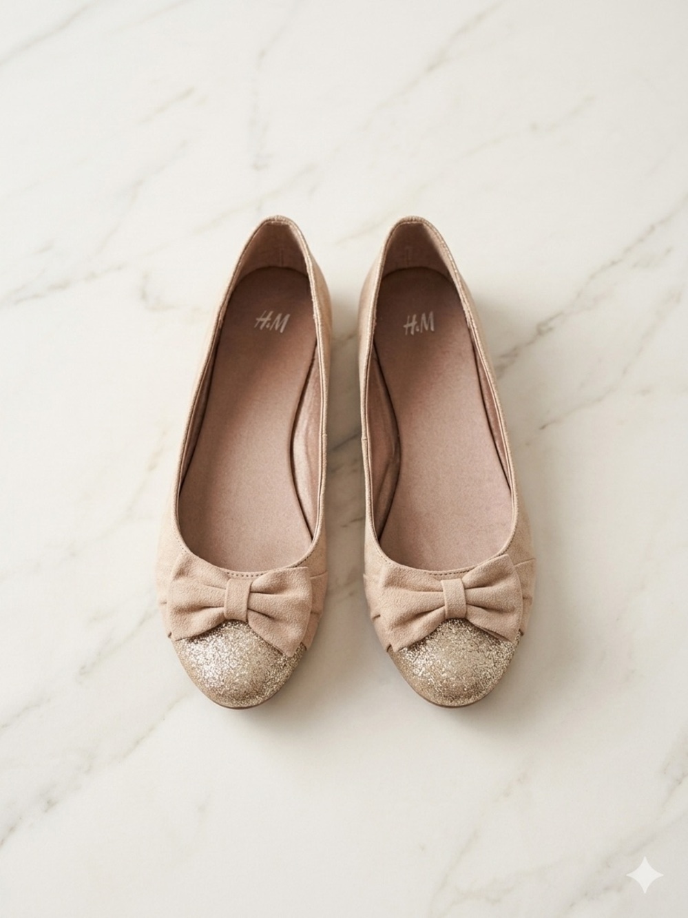 H&M Beige Glitter Bow Ballet Flats - Women's Size 8 - New with Tags NEW - Picture 2 of 5